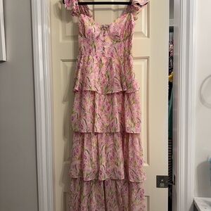 Astr Pink and White Off-the-Shoulder Maxi Dress